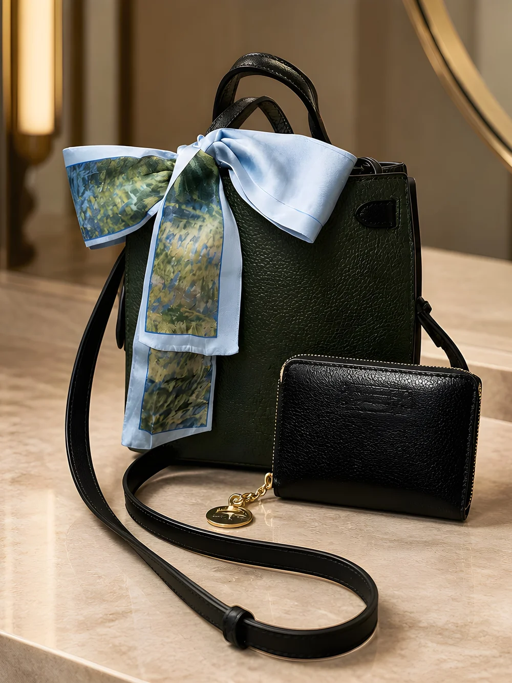 Kate Spade NY Leather Crossbody Bag with Blue Scarf Accent And Wallet